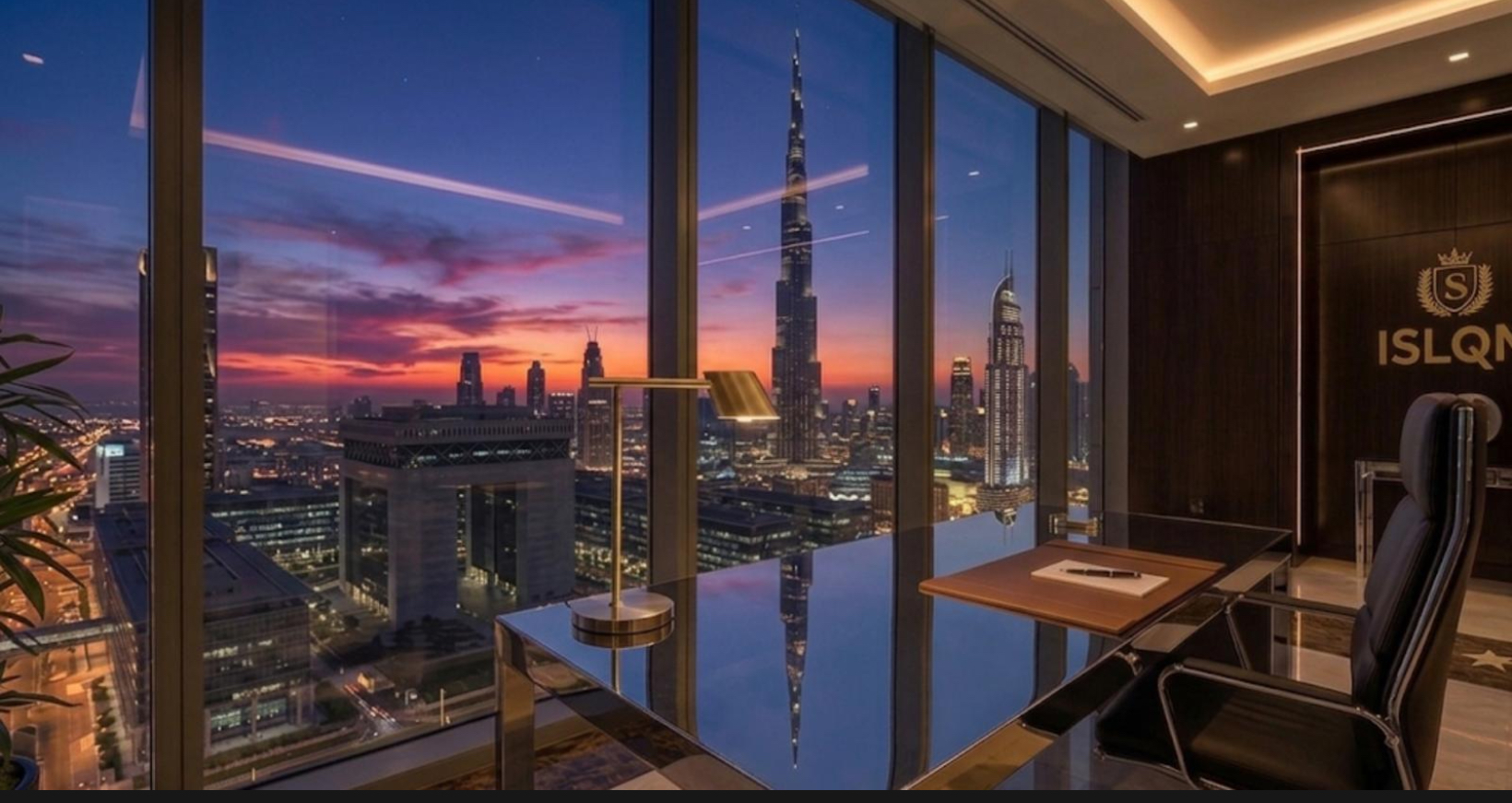 Luxury executive office overlooking the Dubai skyline at sunset — representing ISLQM's institutional presence in the GCC